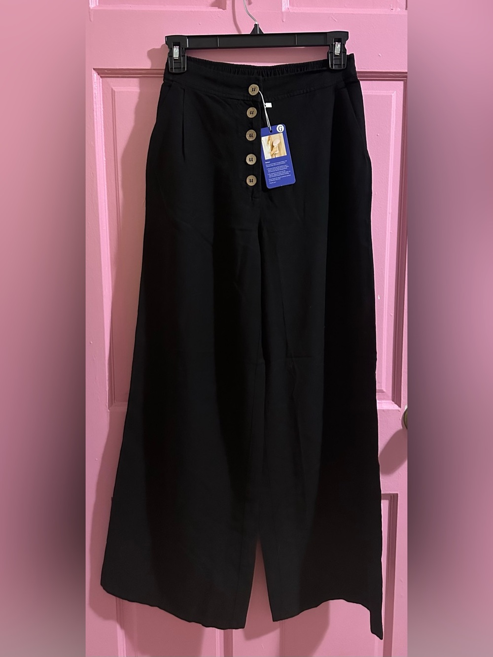 Wide-Leg Black Button-Front lightweight Trousers